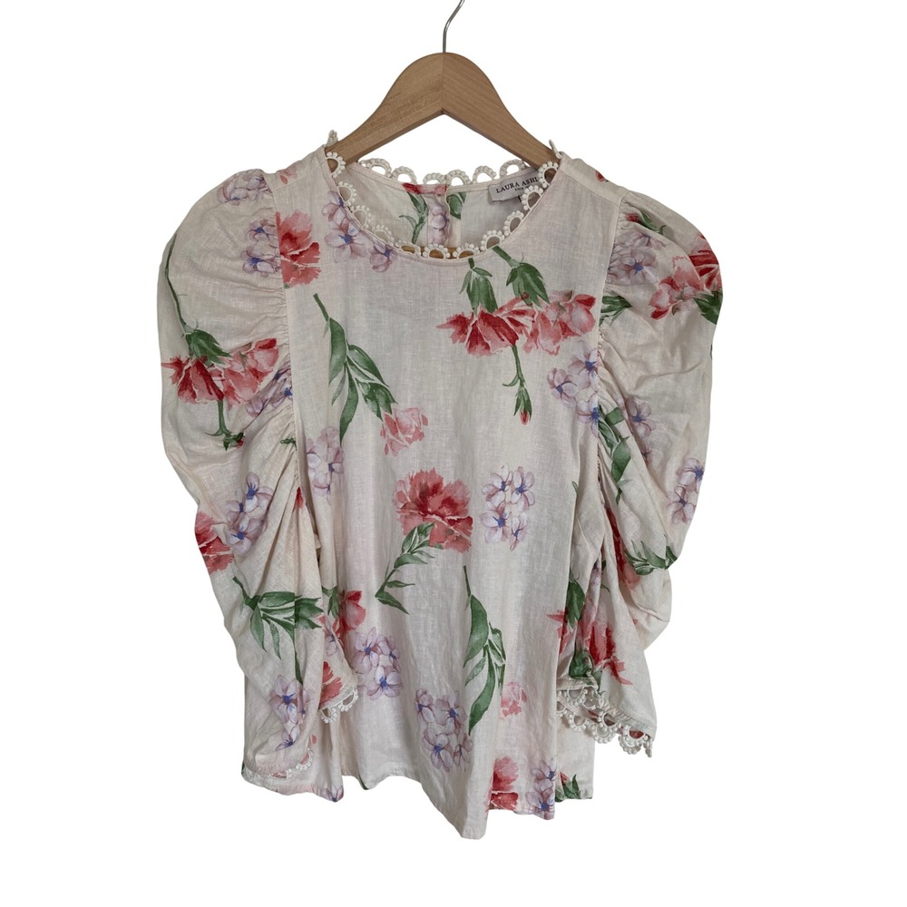 Laura Ashley Floral Linen Blend Puff Sleeve Button Back Blouse Cream Pink Size M